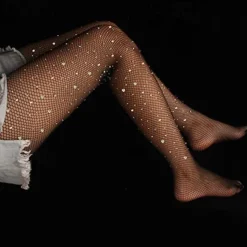 Women's Back Seam High Waist Tights Sparkle Rhinestone Fishnets Party Rhinestone Mesh Stockings Disco Club Party