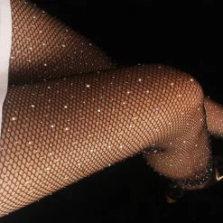Women's Back Seam High Waist Tights Sparkle Rhinestone Fishnets Party Rhinestone Mesh Stockings Disco Club Party