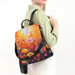 Women's Backpack School Bag Bookbag School Outdoor Daily Floral Print Flower Polyester Large Capacity Waterproof Multi Carry Zipper Print Yellow Red
