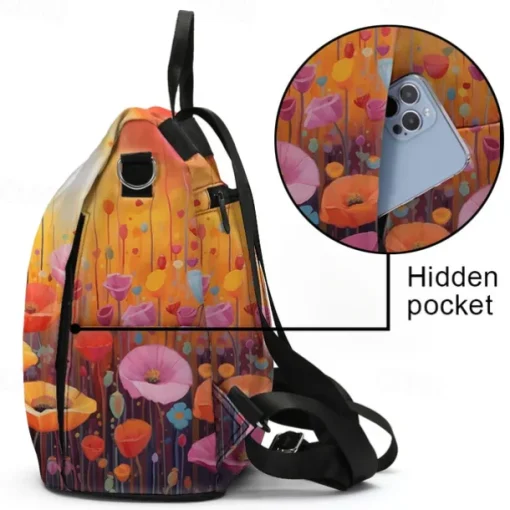 Women's Backpack School Bag Bookbag School Outdoor Daily Floral Print Flower Polyester Large Capacity Waterproof Multi Carry Zipper Print Yellow Red