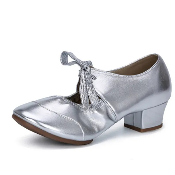 Women's Ballroom Dance Shoes Modern Dance Shoes Practice Heel Solid Color Cuban Heel Silver Black White
