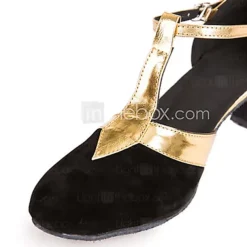 Women's Ballroom Dance Shoes Modern Dance Shoes Salsa Shoes Line Dance Heel Splicing Cuban Heel Buckle T-Strap Black and Gold Black
