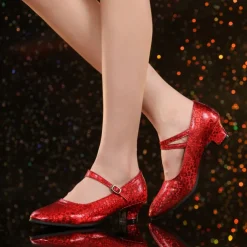 Women's Ballroom Dance Shoes Modern Shoes Performance Indoor Waltz Heel Glitter Cuban Heel Pointed Toe Silver Champagne Red