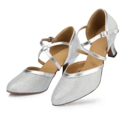 Women's Ballroom Dance Shoes Modern Shoes Performance Training Party Heel Glitter Net Thick Heel Buckle Silver Gold Beige