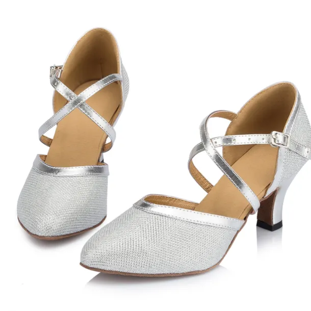 Women's Ballroom Dance Shoes Modern Shoes Performance Training Party Heel Glitter Net Thick Heel Buckle Silver Gold Beige