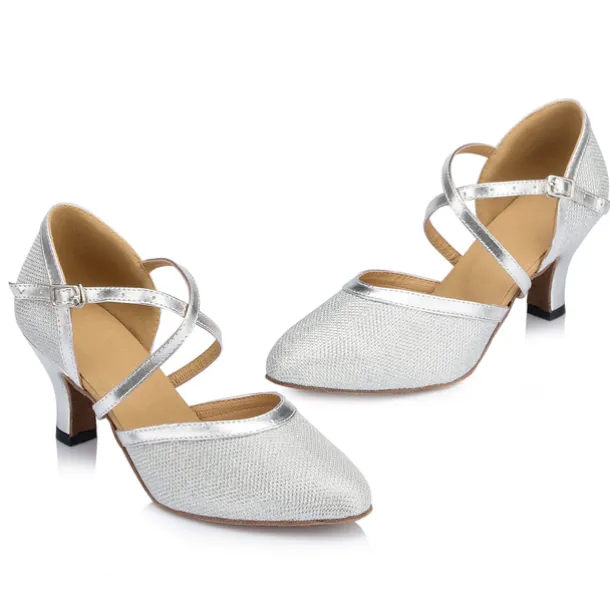 Women's Ballroom Dance Shoes Modern Shoes Performance Training Party Heel Glitter Net Thick Heel Buckle Silver Gold Beige