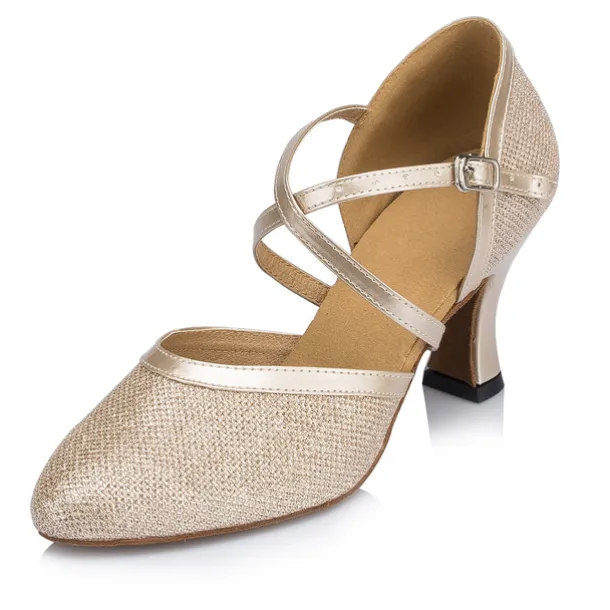 Women's Ballroom Dance Shoes Modern Shoes Performance Training Party Heel Glitter Net Thick Heel Buckle Silver Gold Beige