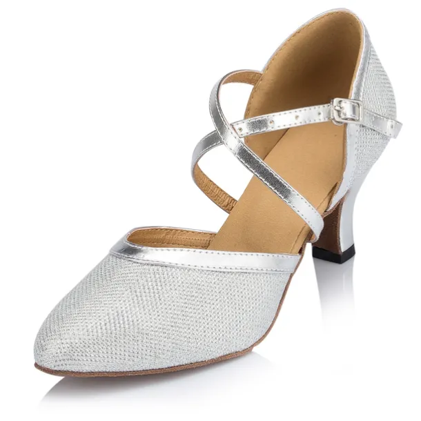 Women's Ballroom Dance Shoes Modern Shoes Performance Training Party Heel Glitter Net Thick Heel Buckle Silver Gold Beige