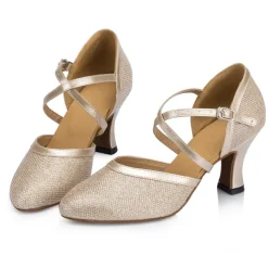 Women's Ballroom Dance Shoes Modern Shoes Performance Training Party Heel Glitter Net Thick Heel Buckle Silver Gold Beige