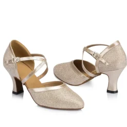 Women's Ballroom Dance Shoes Modern Shoes Performance Training Party Heel Glitter Net Thick Heel Buckle Silver Gold Beige