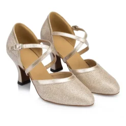 Women's Ballroom Dance Shoes Modern Shoes Performance Training Party Heel Glitter Net Thick Heel Buckle Silver Gold Beige
