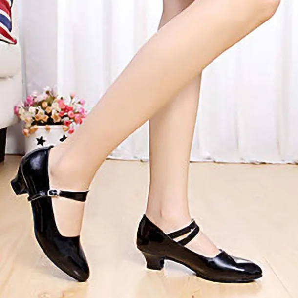 Women's Ballroom Dance Shoes Modern Shoes Character Shoes Performance Indoor Practice 2022 Heel Solid Color Thick Heel Round Toe Buckle Adults' Silver Black Dark Red