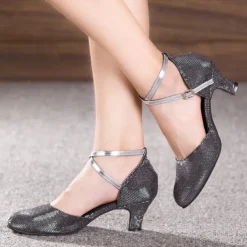 Women's Ballroom Dance Shoes Modern Shoes Performance Indoor Waltz Sandal Heel Solid Color Cuban Heel Buckle Silver Golden Brown