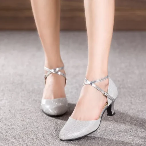 Women's Ballroom Dance Shoes Modern Shoes Performance Indoor Waltz Sandal Heel Solid Color Cuban Heel Buckle Silver Golden Brown