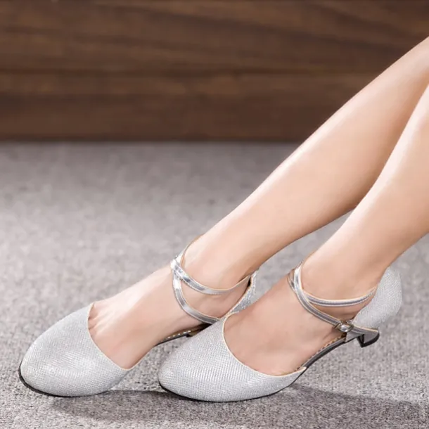 Women's Ballroom Dance Shoes Modern Shoes Performance Indoor Waltz Sandal Heel Solid Color Cuban Heel Buckle Silver Golden Brown