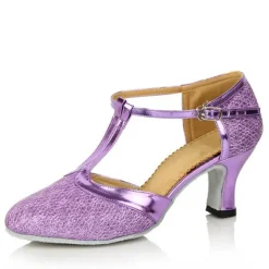 Women's Ballroom Dance Shoes Modern Dance Shoes Line Dance Performance Indoor Practice Heel Glitter Splicing Cuban Heel T-Strap Black / Gold Purple Silver Gray