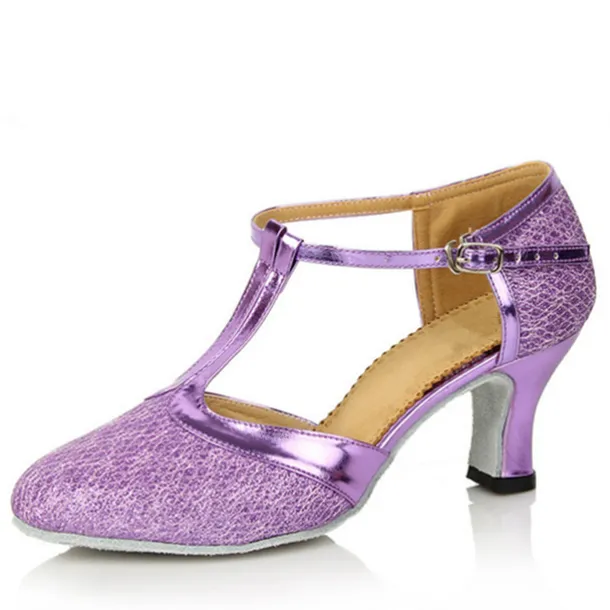 Women's Ballroom Dance Shoes Modern Dance Shoes Line Dance Performance Indoor Practice Heel Glitter Splicing Cuban Heel T-Strap Black / Gold Purple Silver Gray