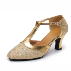 Women's Ballroom Dance Shoes Modern Dance Shoes Line Dance Performance Indoor Practice Heel Glitter Splicing Cuban Heel T-Strap Black / Gold Purple Silver Gray