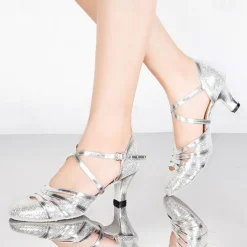 Women's Ballroom Dance Shoes Modern Shoes Stage Indoor Professional Heel Glitter Splicing Flared Heel Black Silver Gold