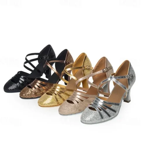 Women's Ballroom Dance Shoes Modern Shoes Stage Indoor Professional Heel Glitter Splicing Flared Heel Black Silver Gold