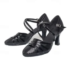 Women's Ballroom Dance Shoes Modern Shoes Stage Indoor Professional Heel Glitter Splicing Flared Heel Black Silver Gold