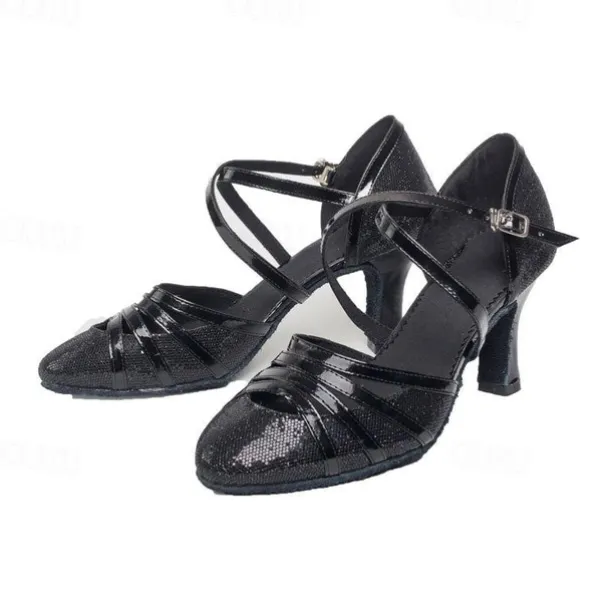 Women's Ballroom Dance Shoes Modern Shoes Stage Indoor Professional Heel Glitter Splicing Flared Heel Black Silver Gold