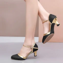 Women's Ballroom Shoes Modern Shoes Party Evening Outdoor Ballroom Dance Waltz Heel Glitter Cuban Heel Closed Toe Ankle Strap Black Bronze Silver