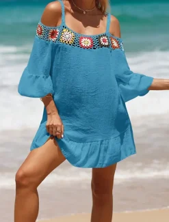 Women's Beach Dresses Ruffle Cut Out Beach Wear Holiday Long Sleeve Black White Yellow Color