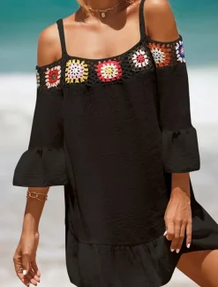 Women's Beach Dresses Ruffle Cut Out Beach Wear Holiday Long Sleeve Black White Yellow Color