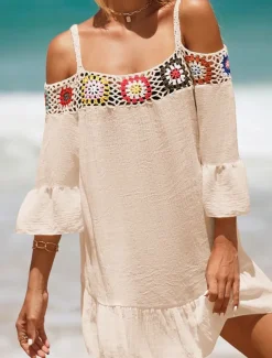 Women's Beach Dresses Ruffle Cut Out Beach Wear Holiday Long Sleeve Black White Yellow Color