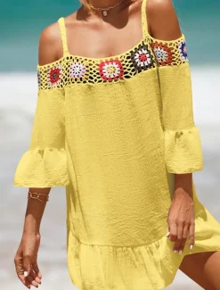 Women's Beach Dresses Ruffle Cut Out Beach Wear Holiday Long Sleeve Black White Yellow Color