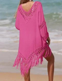 Women's Beach Dresses Tassel Cut Out Beach Wear Holiday Long Sleeve Black White Blue Color
