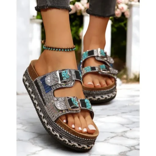 Women's Beaded Platform Slide Sandals – Bohemian Style Slip-On Sandals for Beach, Festivals & Casual Outings