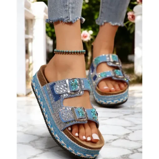 Women's Beaded Platform Slide Sandals – Bohemian Style Slip-On Sandals for Beach, Festivals & Casual Outings