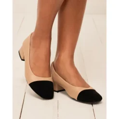 Women's Beige and Black Low Block Heel Pumps – Classic Two-Tone Leather Office Shoes for Work and Casual Wear