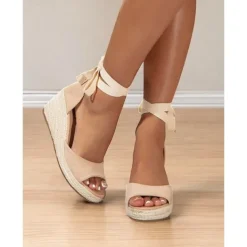 Women's Beige Espadrille Wedge Sandals with Ankle Wrap, Open-Toe Summer Shoes for Beach, Casual, and Vacation Wear