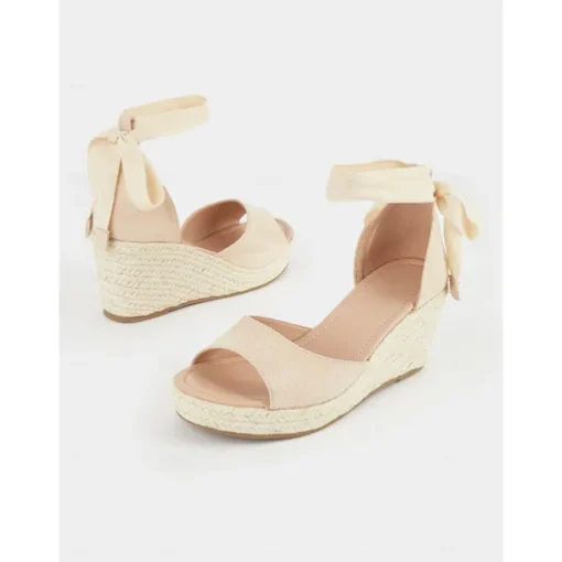 Women's Beige Espadrille Wedge Sandals with Ankle Wrap, Open-Toe Summer Shoes for Beach, Casual, and Vacation Wear