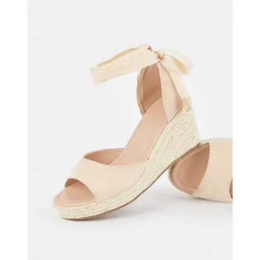 Women's Beige Espadrille Wedge Sandals with Ankle Wrap, Open-Toe Summer Shoes for Beach, Casual, and Vacation Wear
