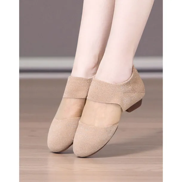 Women's Beige Knit Jazz Shoes with Glitter Detailing - Professional Dance Footwear