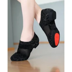 Women's Beige Knit Jazz Shoes with Glitter Detailing - Professional Dance Footwear