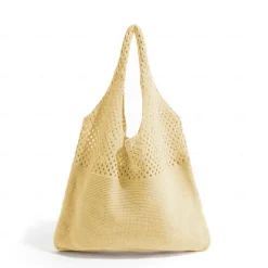 Women's Beige Knitted Tote Bag – Lightweight Mesh Shoulder Bag for Summer Beach, Groceries, and Casual Daily Use