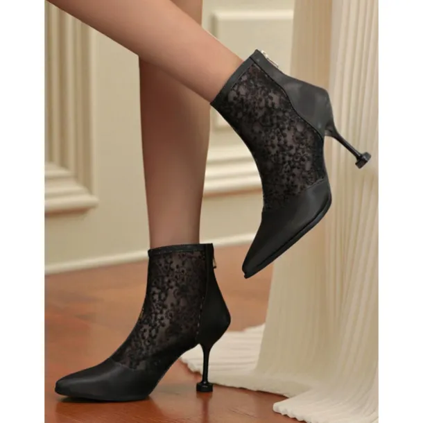 Women's Beige Lace and Faux Leather Heeled Ankle Boots - Elegant Pointed Toe Bridal Boots with Floral Lace for Weddings, Formal Events, and Special Occasions