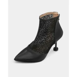 Women's Beige Lace and Faux Leather Heeled Ankle Boots - Elegant Pointed Toe Bridal Boots with Floral Lace for Weddings, Formal Events, and Special Occasions