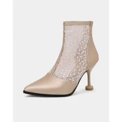 Women's Beige Lace and Faux Leather Heeled Ankle Boots - Elegant Pointed Toe Bridal Boots with Floral Lace for Weddings, Formal Events, and Special Occasions