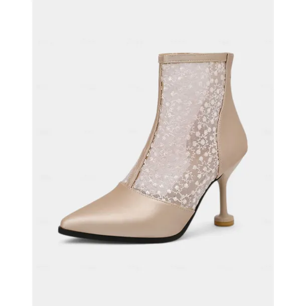 Women's Beige Lace and Faux Leather Heeled Ankle Boots - Elegant Pointed Toe Bridal Boots with Floral Lace for Weddings, Formal Events, and Special Occasions