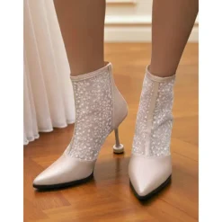 Women's Beige Lace and Faux Leather Heeled Ankle Boots - Elegant Pointed Toe Bridal Boots with Floral Lace for Weddings, Formal Events, and Special Occasions