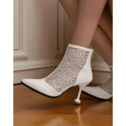 Women's Beige Lace and Faux Leather Heeled Ankle Boots - Elegant Pointed Toe Bridal Boots with Floral Lace for Weddings, Formal Events, and Special Occasions