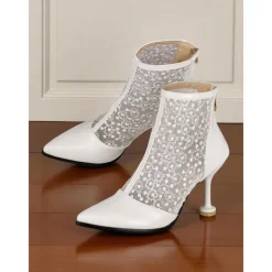 Women's Beige Lace and Faux Leather Heeled Ankle Boots - Elegant Pointed Toe Bridal Boots with Floral Lace for Weddings, Formal Events, and Special Occasions