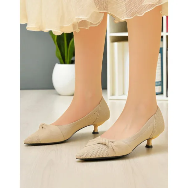 Women's Beige Mesh Pointed Toe Kitten Heels with Bow Detail - Comfortable and Stylish Low Heel Pumps for Casual and Office Wear