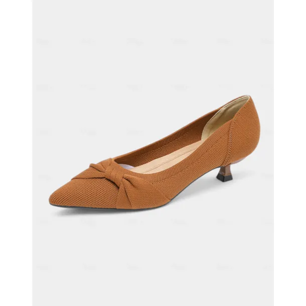 Women's Beige Mesh Pointed Toe Kitten Heels with Bow Detail - Comfortable and Stylish Low Heel Pumps for Casual and Office Wear